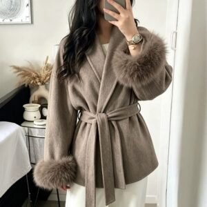 Autumn Winter French-style Woolen Coat, Short Double-sided Wool Coat With Fur Sleeves, Tie-waist, Solid Color, European And American Style, With A Turn-down Collar