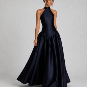 Midnight Navy Satin Halter Neck Ball-Gown Evening Dress