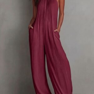 Cross-Border Foreign Trade Women's Clothing European And American Style Halter Neck Sleeveless Vacation Style White Pleated Backless Wide-Leg Jumpsuit