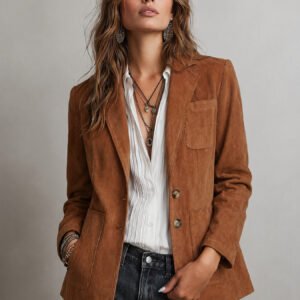Women Retro Lapel Faux Suede Blazer Jacket, Loose Fit Long Sleeve Casual Suit Coat For Commute
