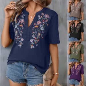 2026 European And American Summer New Fashion Ten Thousand Needle Embroidery Splicing Lace Top Women's T-shirt Shirt