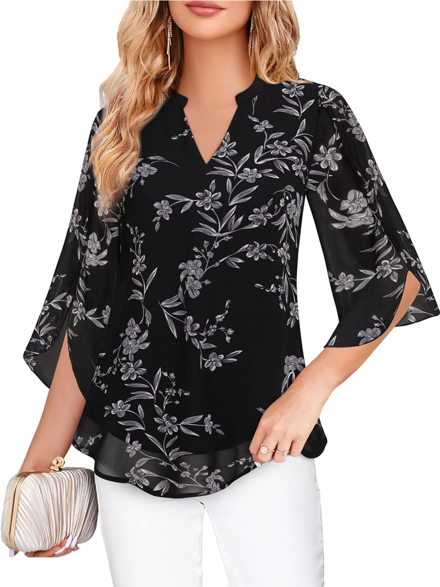 Cross-Border Amazon Casual Summer New European And American Style Petal Sleeve Top Loose V Neck Chiffon Shirt - Image 5