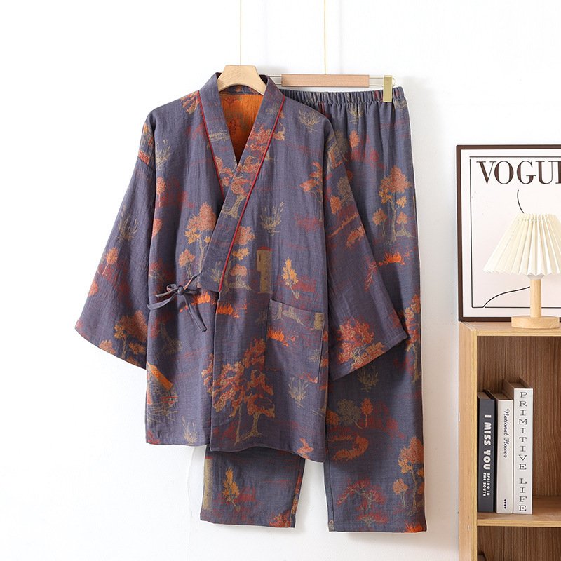 Pajama Hanfu Loungewear Pure Cotton Yarn-Dyed Jacquard Loose-Fit Lace-Up Home Set - Image 3