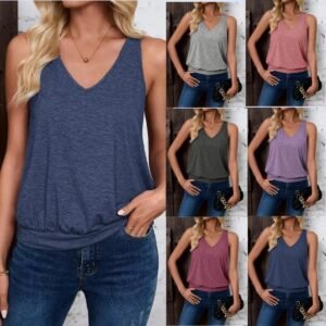 Women Summer Sleeveless V Neck Tank Top, Casual Solid Basic Vest Tops