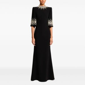 Crepe High-Neck Elbow-Sleeve Crystal Embellished Column Evening Gown