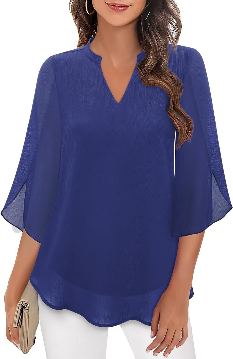 Cross-Border Amazon Casual Summer New European And American Style Petal Sleeve Top Loose V Neck Chiffon Shirt - Image 6