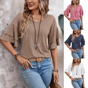 Women's Solid Color V-neck Double Sleeve Loose T-shirt Short Sleeve