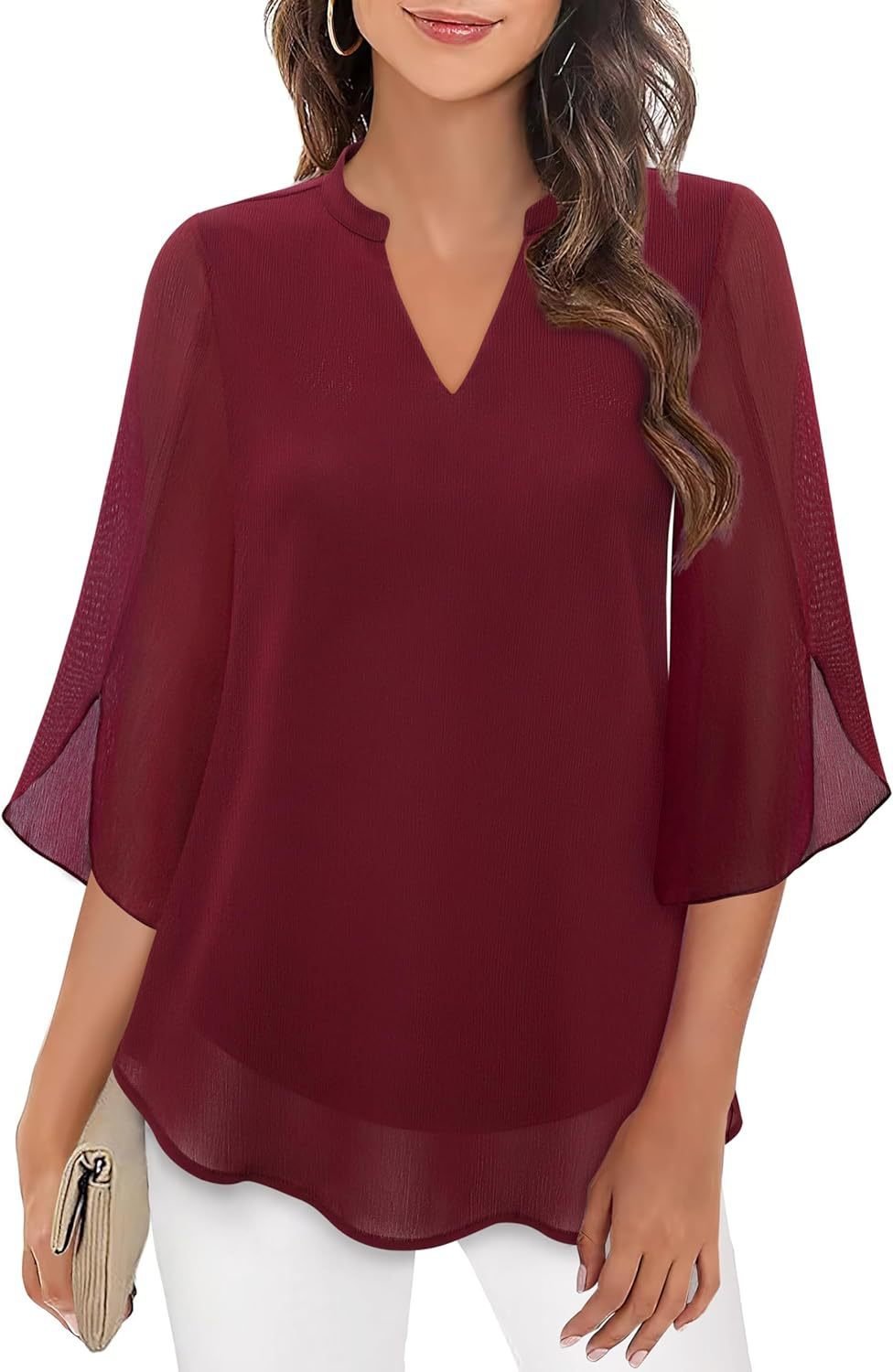 Cross-Border Amazon Casual Summer New European And American Style Petal Sleeve Top Loose V Neck Chiffon Shirt - Image 9