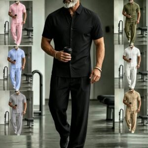 Mens Lapel Short-Sleeve Shirt And Pants Suit