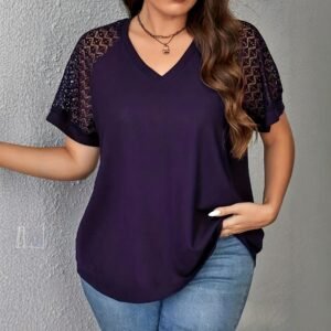 Elegant Lace-Patchwork Hollow-Out T-Shirt Womens Casual Short-Sleeve