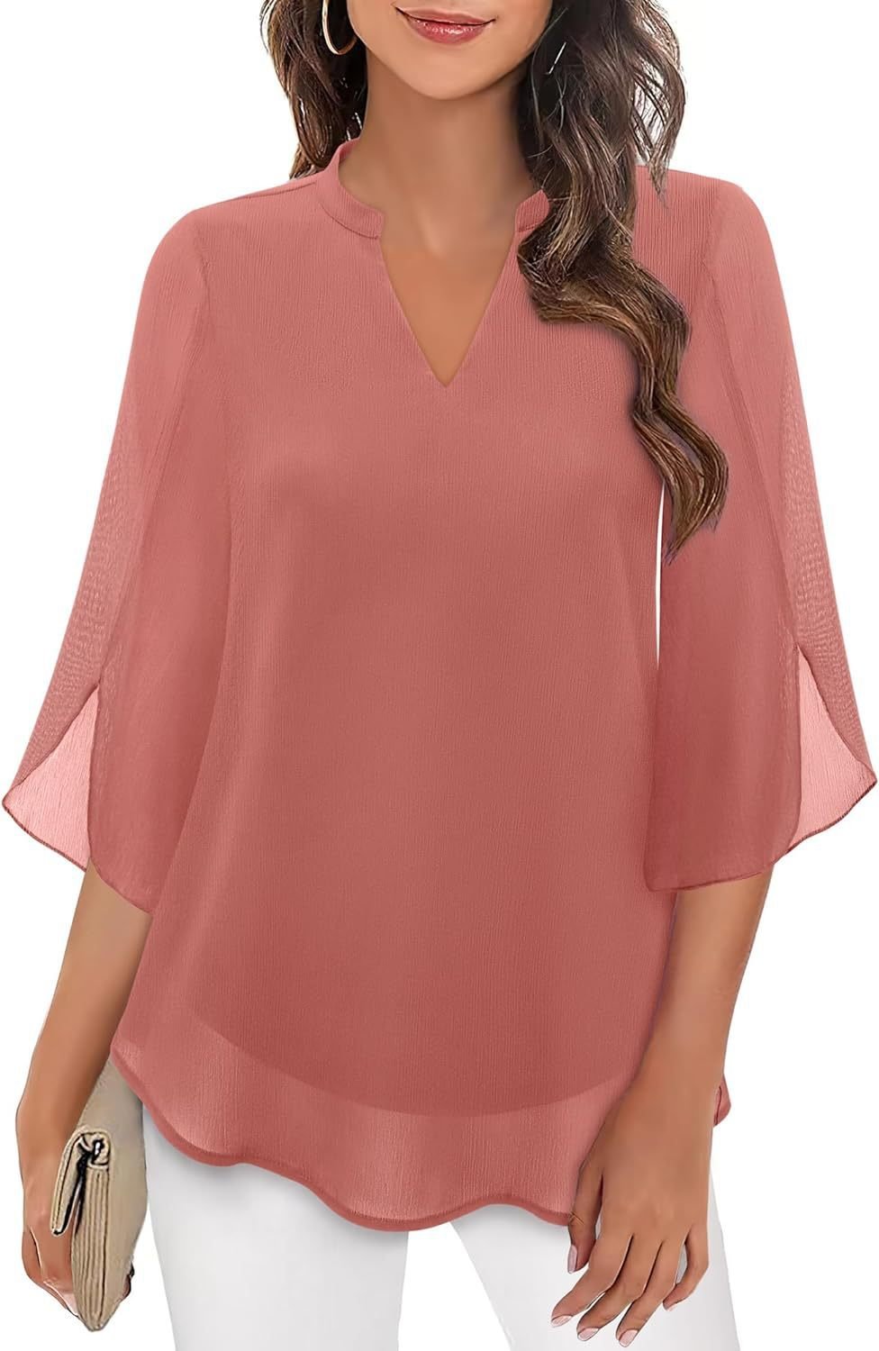 Cross-Border Amazon Casual Summer New European And American Style Petal Sleeve Top Loose V Neck Chiffon Shirt - Image 10
