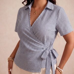Plus-size Womens Striped Short-sleeve Blouse