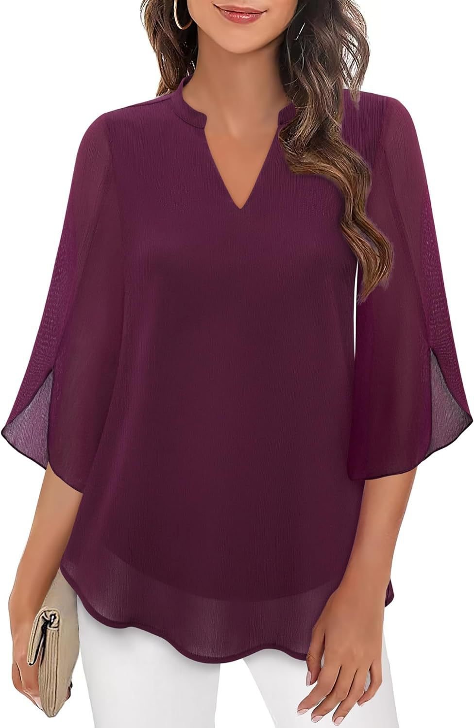 Cross-Border Amazon Casual Summer New European And American Style Petal Sleeve Top Loose V Neck Chiffon Shirt - Image 7
