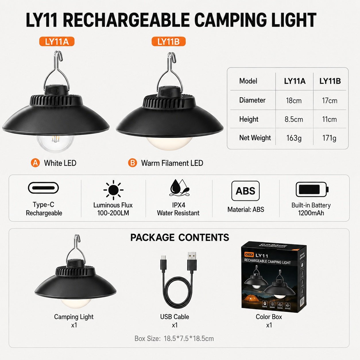 Rechargeable Type C Waterproof LED Camping Lantern LY11 A White 200LM For Tent Emergency OEM - Image 6
