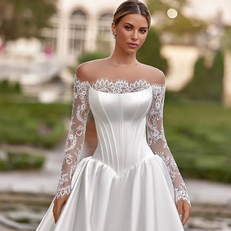 One-shoulder Lace Long-sleeve Satin Bridal Wedding Dress - Image 3