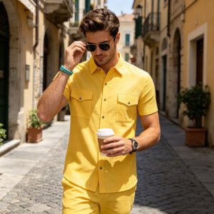 Mens Hawaiian Linen Shirt With Multiple Pockets
