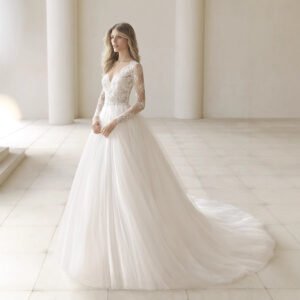 Elegant Lace Long Sleeve V-Neck Wedding Dress Bridal Gown With Delicate Detailing For Ceremony