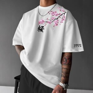 Japanese-style Tokyo Cherry-blossom-print Short-sleeve T-shirt