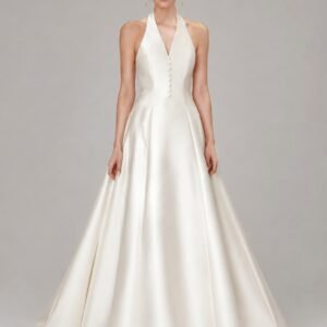 Elegant Satin Waist-Cinching Halter Neck Sleeveless Dress