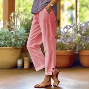 Cotton And Linen Loose Pure Color Elastic Waist Pocket Straight Casual Pants