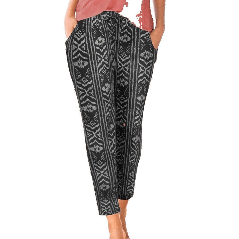 Women's Elastic Waist Printed Pocket Lace-up Leggings - Image 2