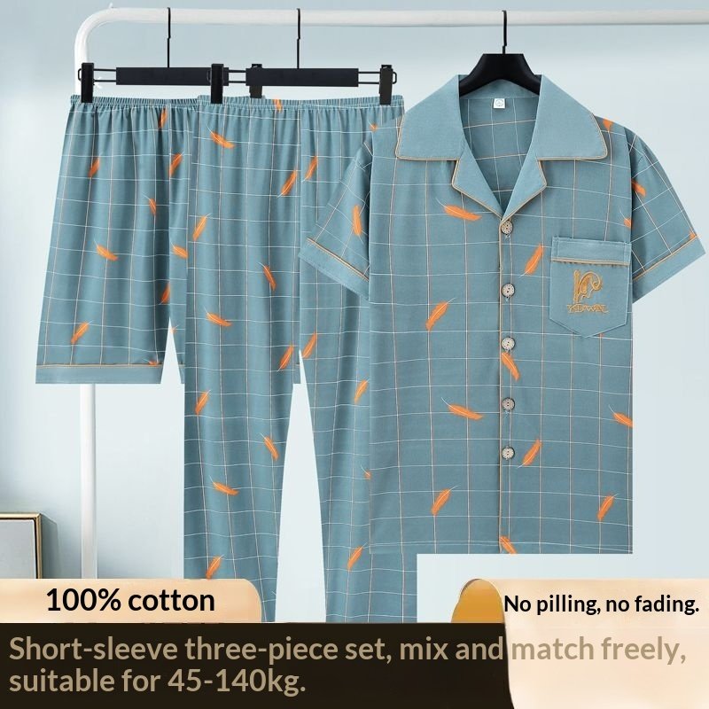Pure Cotton Three-Piece Pajama Set For Men - Image 4