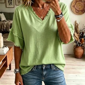 Casual Women's Shirt V-Neck Short Sleeve Loose Fit Pure Color Summer Fashion Trend Pullover Tops For Daily Wear