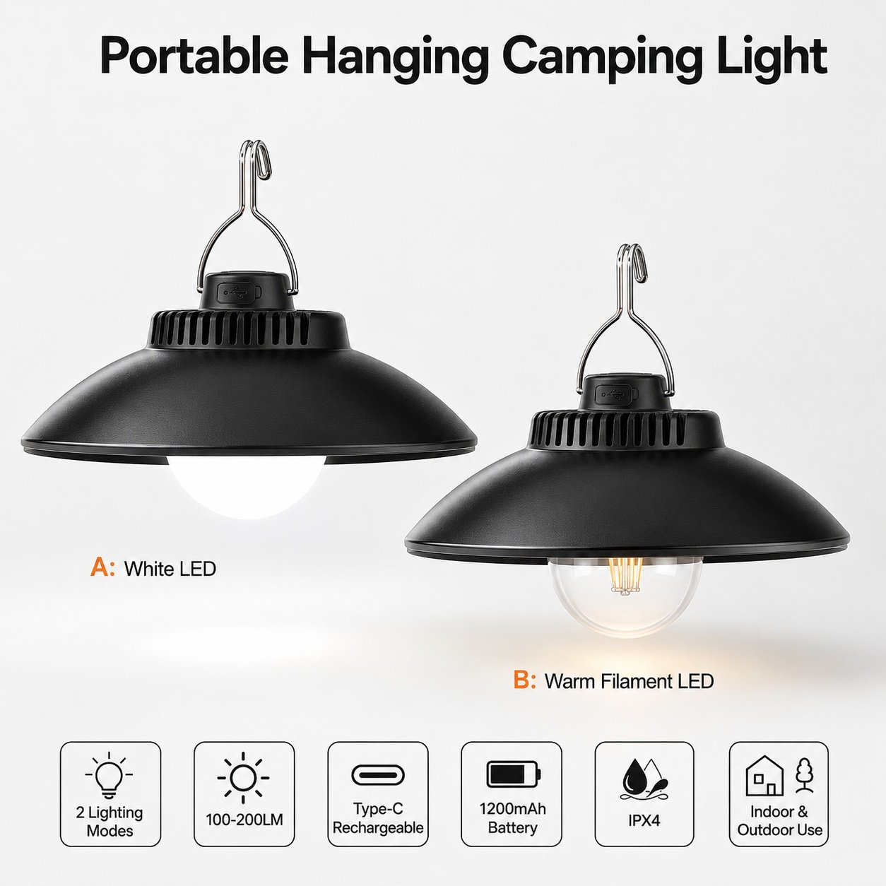 Rechargeable Type C Waterproof LED Camping Lantern LY11 A White 200LM For Tent Emergency OEM - Image 2