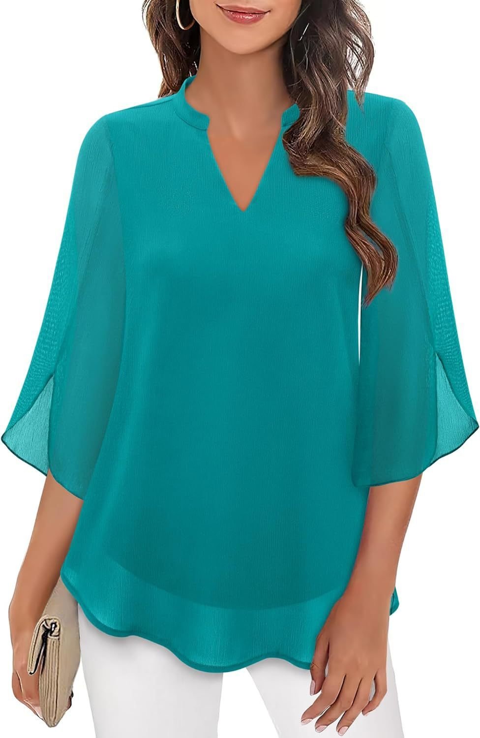 Cross-Border Amazon Casual Summer New European And American Style Petal Sleeve Top Loose V Neck Chiffon Shirt - Image 8