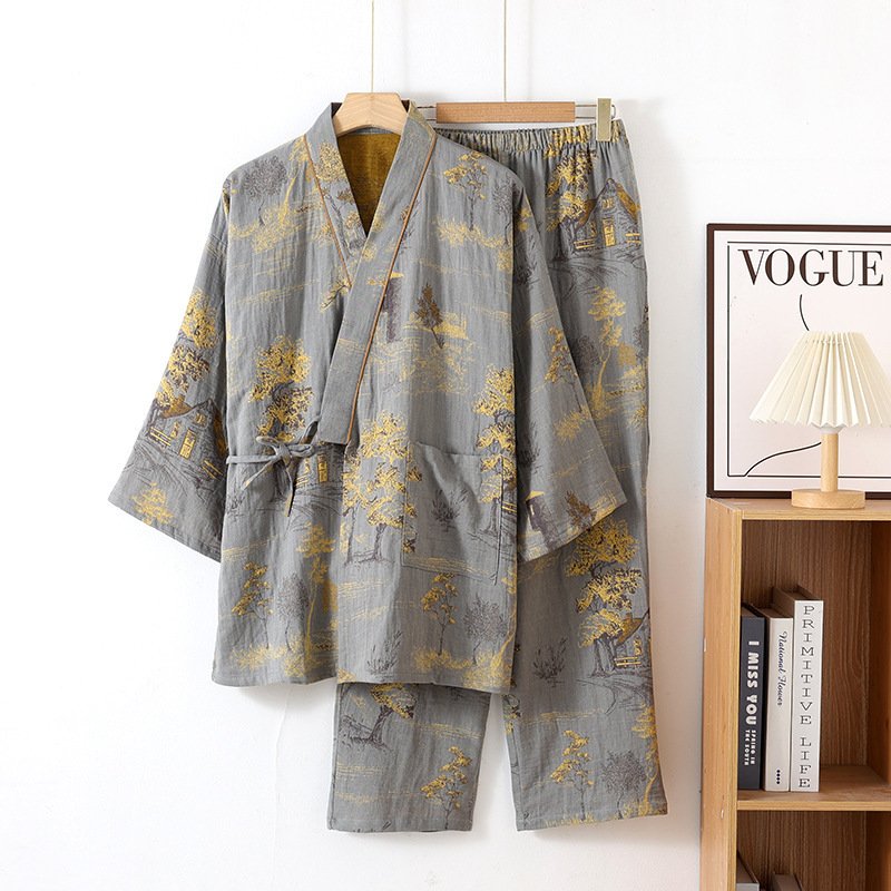 Pajama Hanfu Loungewear Pure Cotton Yarn-Dyed Jacquard Loose-Fit Lace-Up Home Set - Image 6