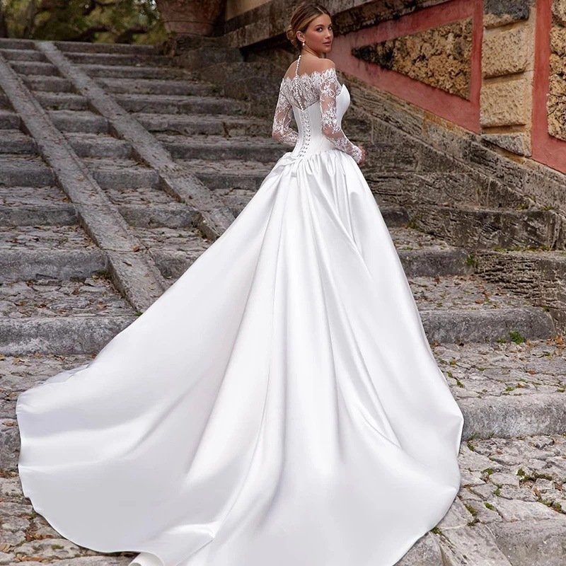 One-shoulder Lace Long-sleeve Satin Bridal Wedding Dress - Image 2