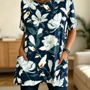 Navy Blue Magnolia Floral Print Short Sleeve Tunic With Pockets