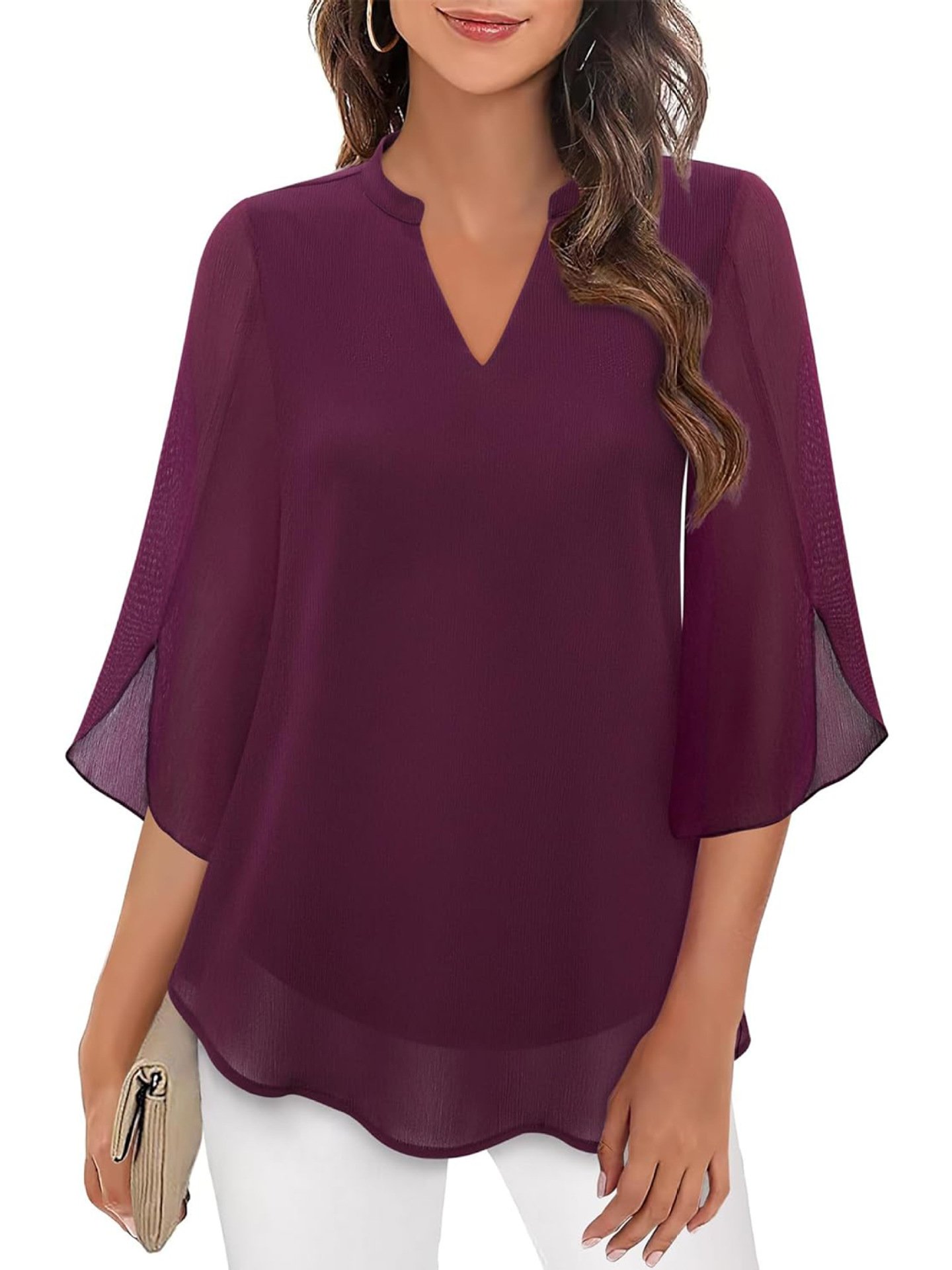 Cross-Border Amazon Casual Summer New European And American Style Petal Sleeve Top Loose V Neck Chiffon Shirt