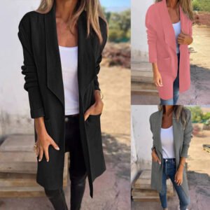 Women Waterfall Lapel Open Front Coat Long Sleeve Loose Mid Length Jacket Casual Outerwear With Side Pockets