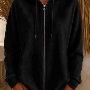 Women Oversized Waffle Knit Full Zip Hooded Jacket, Drawstring Hood Long Sleeve Solid Color Casual Loose Fit Outerwear With Side Pockets