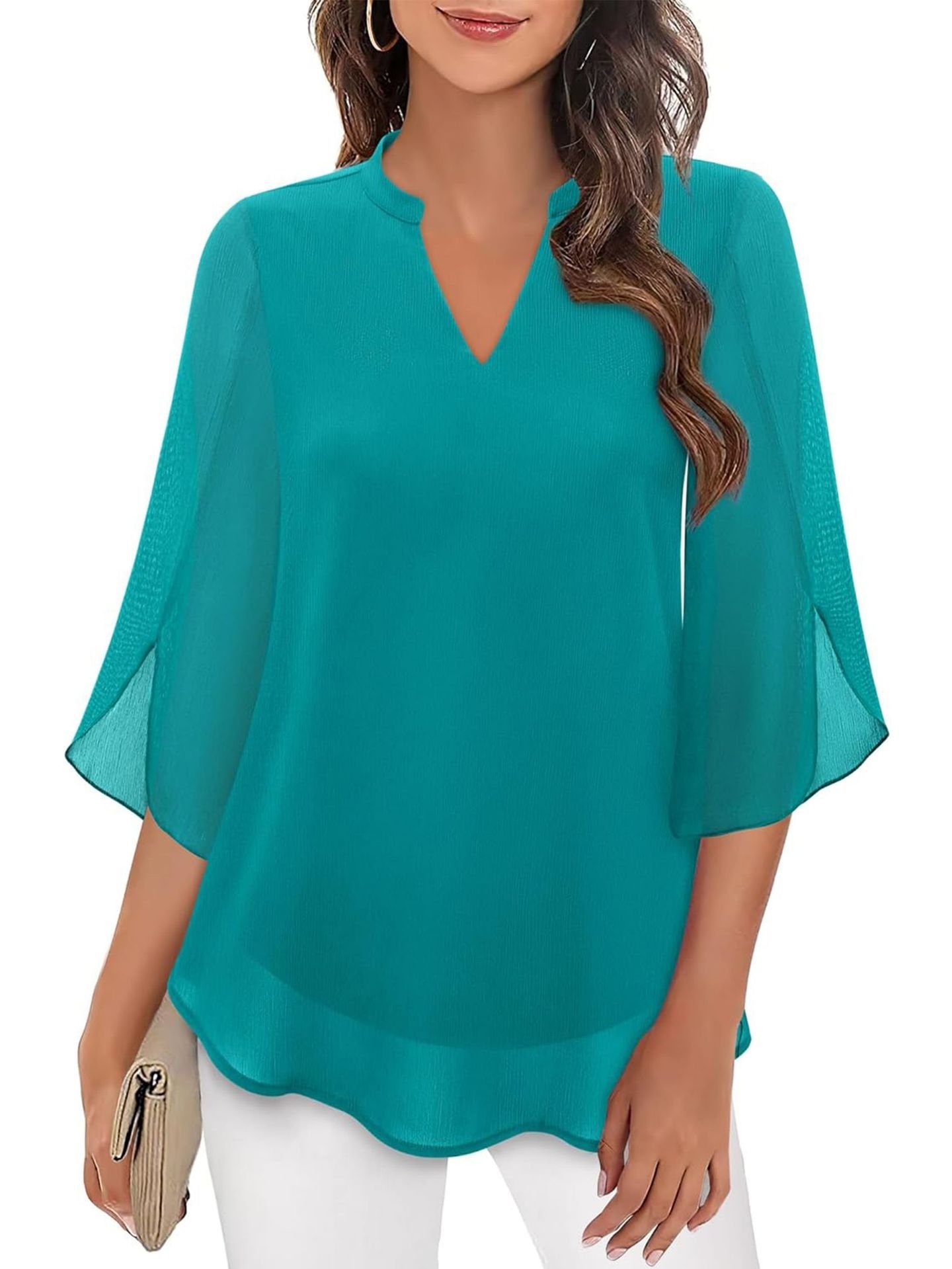 Cross-Border Amazon Casual Summer New European And American Style Petal Sleeve Top Loose V Neck Chiffon Shirt - Image 4