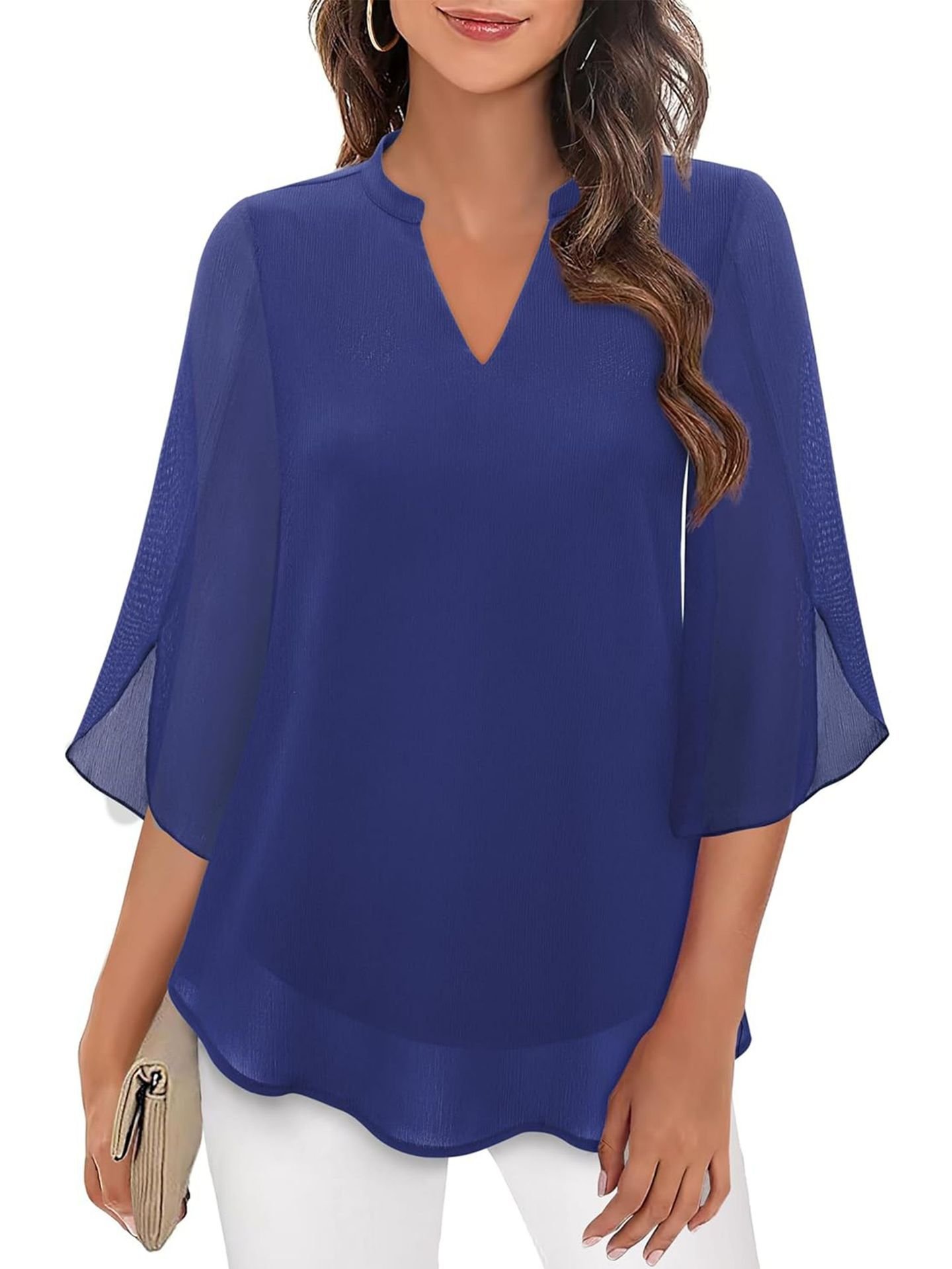Cross-Border Amazon Casual Summer New European And American Style Petal Sleeve Top Loose V Neck Chiffon Shirt - Image 2