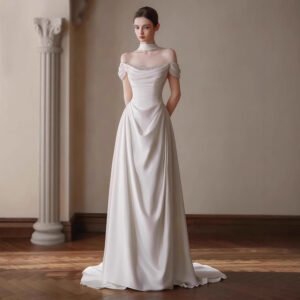 Off-the-shoulder Pleated Waist-cinching French Satin Light Wedding Dress