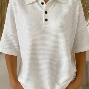 Cross-Border  Foreign Trade Fashion Waffle Short-Sleeved T-Shirt Solid Color Button T-Shirt Polo Collar Pullover Loose Top