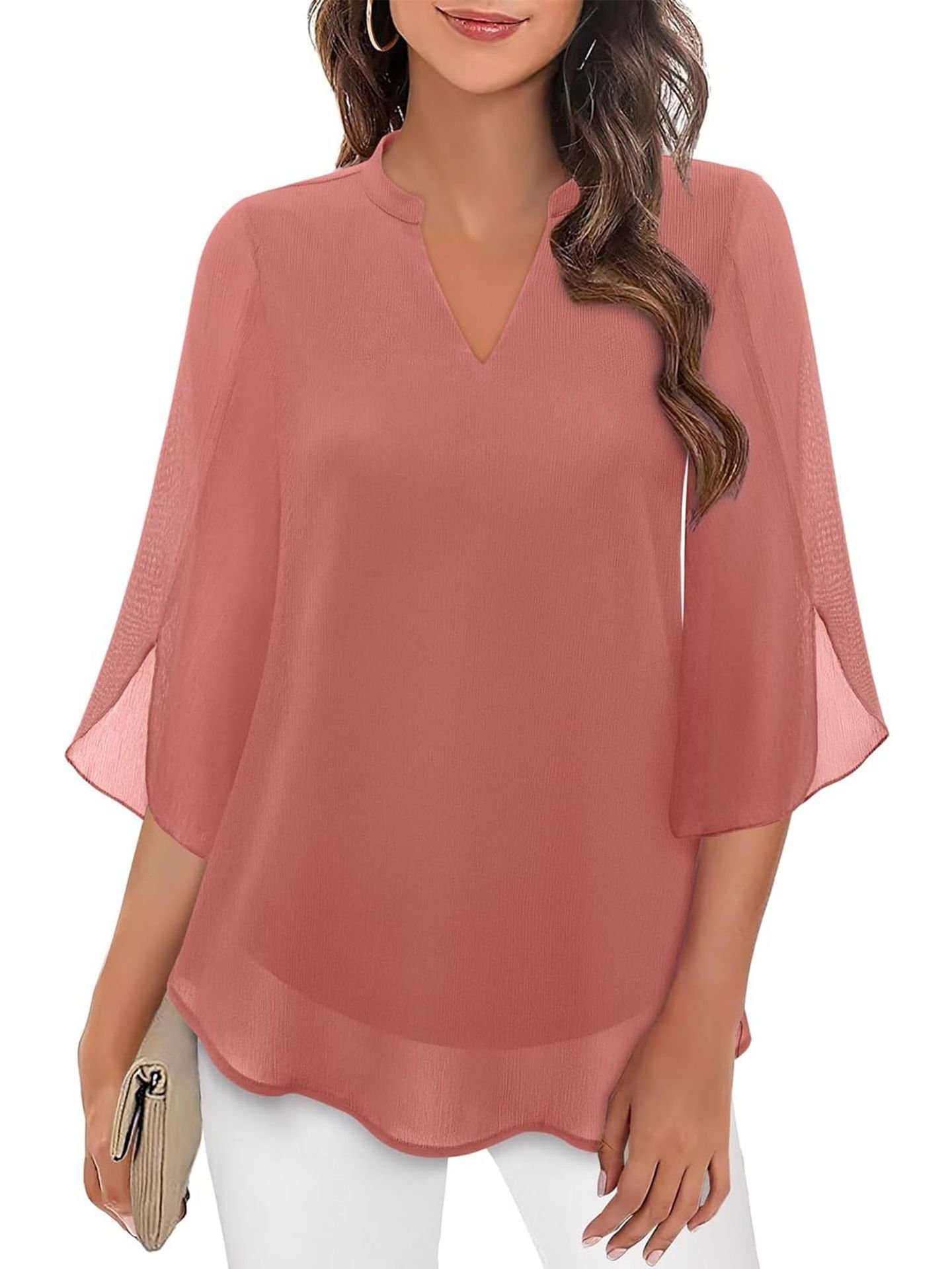 Cross-Border Amazon Casual Summer New European And American Style Petal Sleeve Top Loose V Neck Chiffon Shirt - Image 3