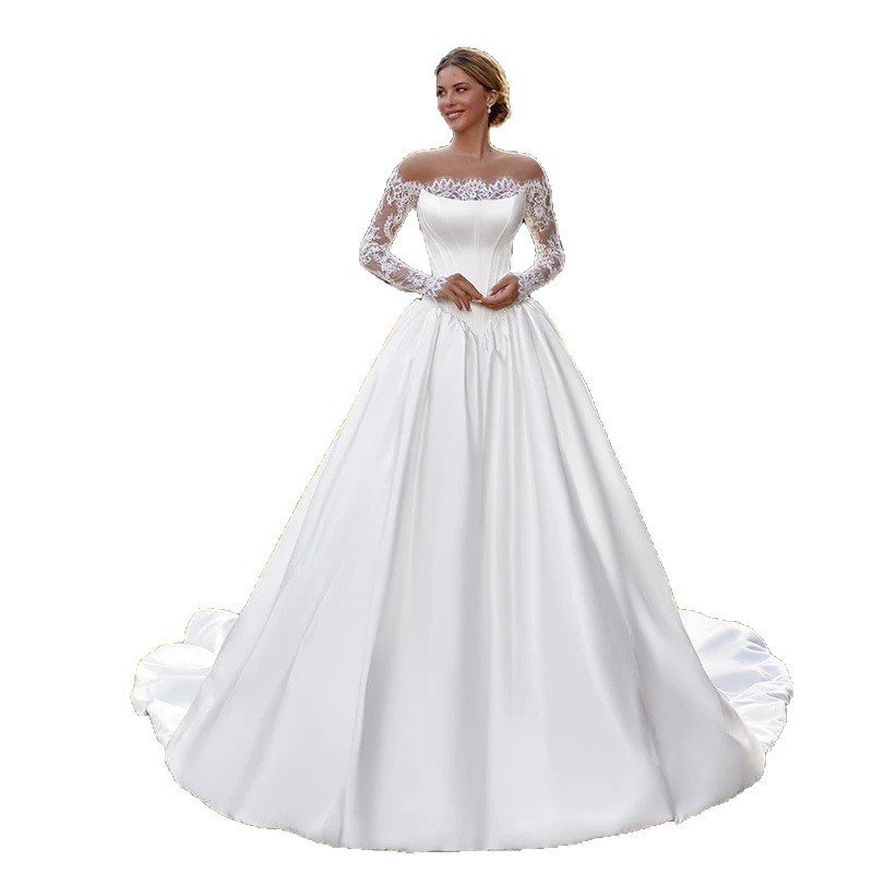 One-shoulder Lace Long-sleeve Satin Bridal Wedding Dress - Image 5