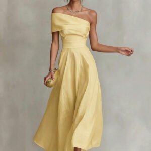 Women's Solid Color One Shoulder Backless Dress Elegant Waist Cinched Midi Dress