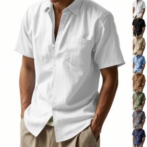 Independent Station American Cross-Border Men's Hawaiian Style Linen Loose Casual Henry Collar Lapel Casual Short-Sleeved Shirt