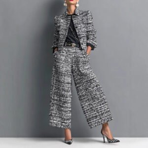 Notched Lapel Slim-fit Women's Long-sleeve Short Top With Wide-leg Pants Set