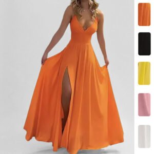 Summer New Women's Clothing European And American Cross-Border Style Spaghetti Strap Dress Fashionable Sexy Slit Solid Color Long Dress