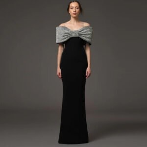 Crepe Off-The-Shoulder Silver Glitter Bow Mermaid Evening Gown