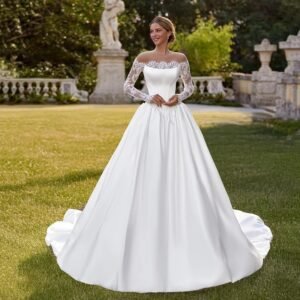 One-shoulder Lace Long-sleeve Satin Bridal Wedding Dress