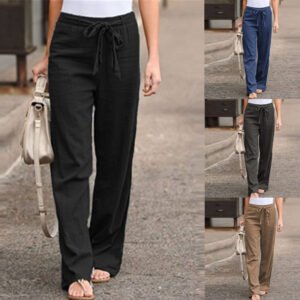 2025 Cross-Border Women's Clothing Wish Aliexpress Summer Elastic Waist Solid Color Cotton Linen Wide-Leg Pants Loose Long Pants For Women