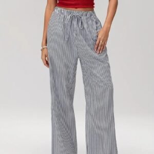 Casual Fashion Striped Straight-leg Pants Elastic High-waisted Trousers