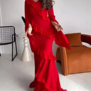 V-neck Bell-sleeved Ruffled Maxi Dress